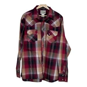 Rustler by Wrangler Mens XL Plaid Western‎ Snap Button Long Sleeve Shirt Red